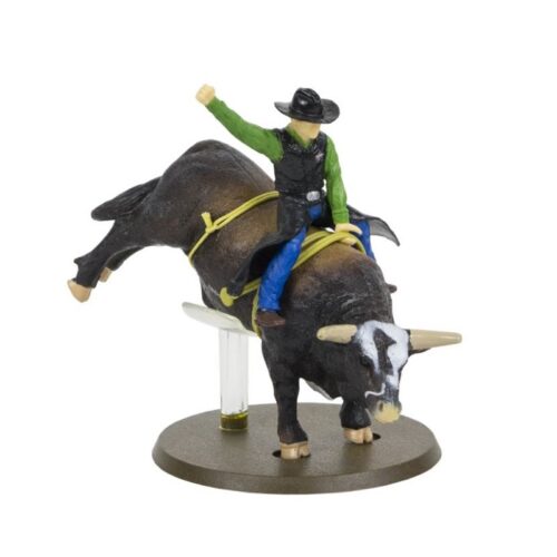 A Big Country Toy PBR Rodeo Set figurine of a cowboy riding a bull in the PBR Rodeo Set.