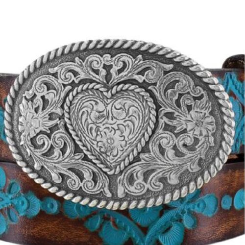 A turquoise Children's Hope Belt C30220 adorned with an ornate heart, suitable for Children's Hope outfits.