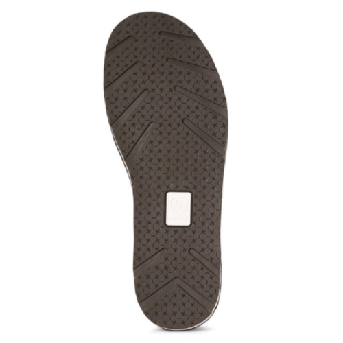 A view of Women's Ariat Cruiser Cow Print 10033932, a black sandal with a white sole.