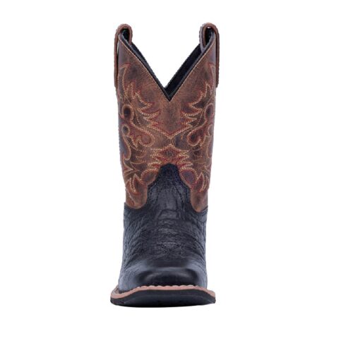 A black and brown cowboy boot with a crocodile design, known as the Children's Dan Post Little River Boot DPC2944, is the product.