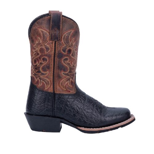 A Children's Dan Post Little River Boot DPC2944, a black cowboy boot with brown and tan accents.