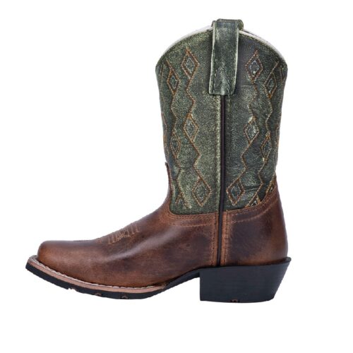 A pair of brown and green Youth Dan Post Teddy Boot DPC3946 cowboy boots.