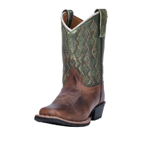 A pair of Youth Dan Post Teddy Boots DPC3946 with green accents, perfect for the youthful and adventurous cowboys.