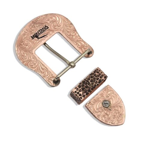 An ornate copper buckle with Montana Silver Along the Desert Buckle Set 62000 detailing.