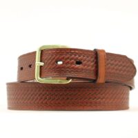 A Tan Color Pattern Belt With Brass Buckle