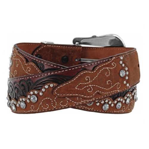 A women's Women's Brown Kaitlyn Crystal C50499 belt with black and silver studs.