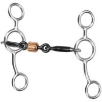 A pair of stainless steel stirrups with a copper bead and SS Jr. Roller Dog Bone Gag Bit 238318.