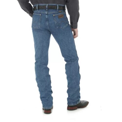 The back of a man wearing Men's Jean Wrangler Performance Slim Fit Cowboy Cut 36MWZDS and a shirt.