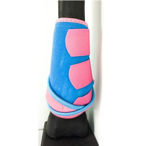 A pair of Dynamic Edge Boots Pink and Blue Sport Boots, securely displayed on a stand.