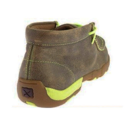 A pair of brown Men's Chukka Driving Moccasin Neon Yellow MDM0026 shoes with neon yellow soles.