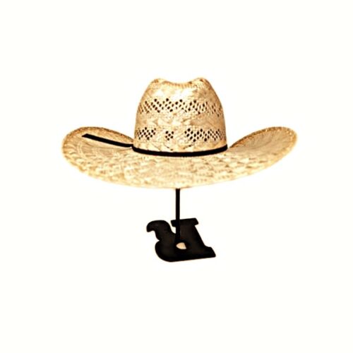 A Rodeo King Rio Rami western straw cowboy hat on a stand.