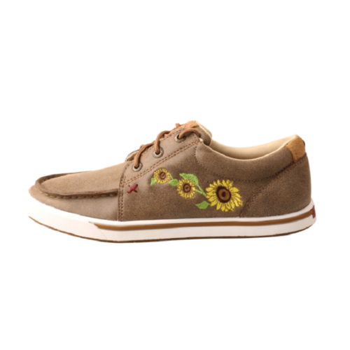 A women's brown shoe with sunflowers embroidered on it, the Twisted X Women's Bomber & Sunflower WCA0035.