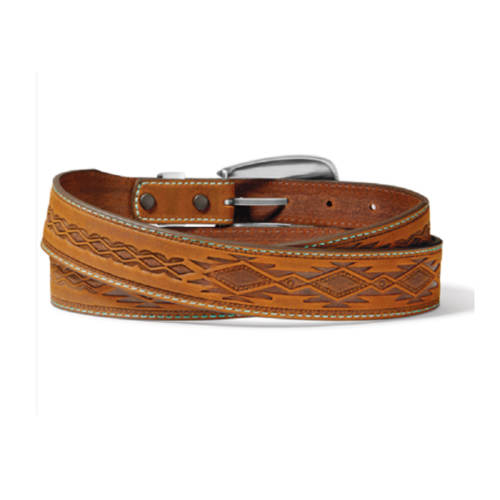 Description: A Ladies Tan Dakota Belt C51299 with a silver buckle.