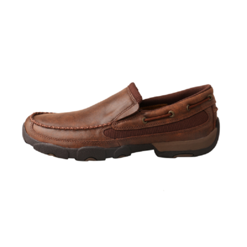 A men's brown leather boat shoe, the Men's Twisted X Driving Moccasin MDMS009, on a white background.