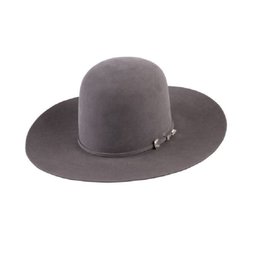 The Greeley Hat Works Gunmetal Competitor Hat, a stylish gray cowboy hat, stands out on a pristine white background.