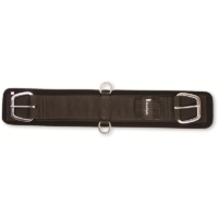 A black leather Classic Equine Neoprene Cinch with two metal buckles.