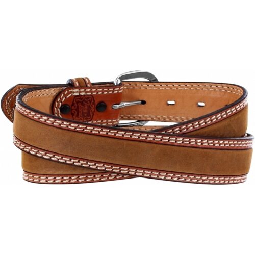 A Men's Double Stitch Stockman's Belt with brown leather and white double stitching.