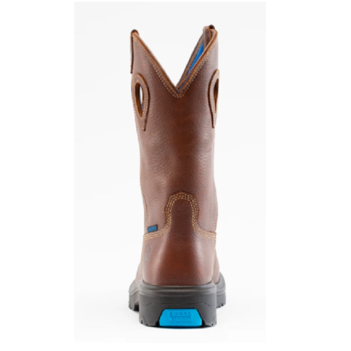 Description: The back view of a brown work boot with blue soles from Men's Steel Blue Blue Heeler 813945M.