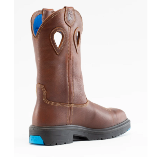 A men's brown work boot with the Men's Steel Blue Blue Heeler 813945M accents.