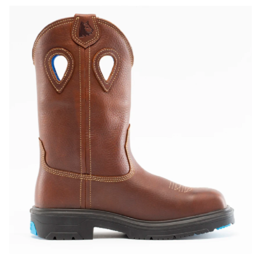 A men's brown work boot with blue outs, perfect for Men's Steel Blue Blue Heeler 813945M enthusiasts.