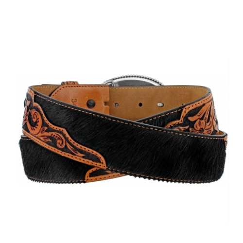 Black and brown leather belt with floral design.