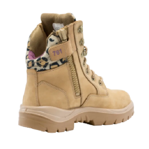 The Women's Steel Blue Southern Cross Jungle Boot, featuring tan leather and leopard print, combines durability and fashion.