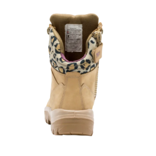 A Women's Steel Blue Southern Cross Jungle Boot with leopard print on the side.