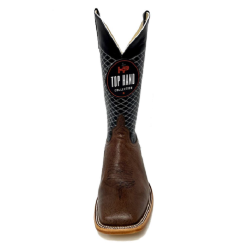 A pair of brown cowboy boots with a black and white logo, [Men's Top Hand Horse Power Boot HP8009].