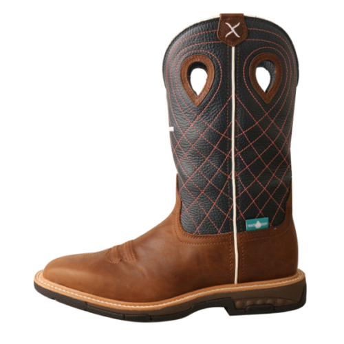 A men's brown cowboy boot with blue and black stitching, featuring the Twisted X Women's Work Boot WXBW001.