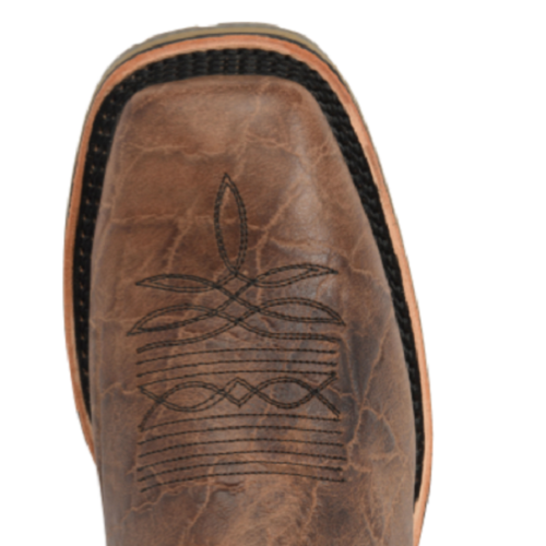 A pair of brown cowboy boots, the Double H Men's Boot Grissom DH4644, with an embroidered design.