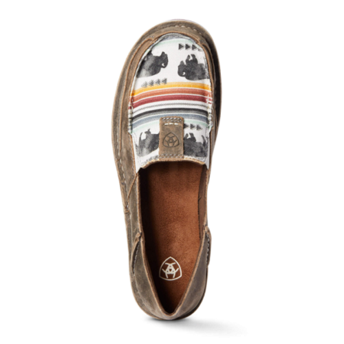 The Ariat Women's Buffalo Print Cruiser 10038418 is a slip on shoe for women, featuring a colorful pattern.