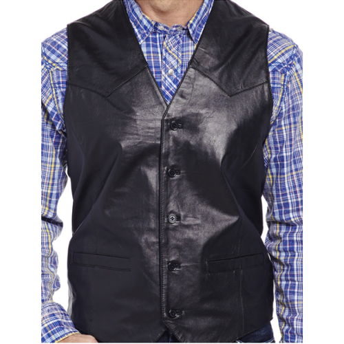 A man wearing a Men's Black Leather Western Vest.