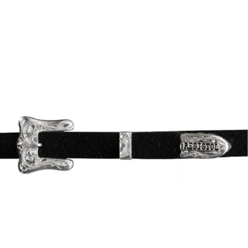 A black leather belt with a silver buckle, perfect to pair with the 20X Resistol Black Gold Hat.