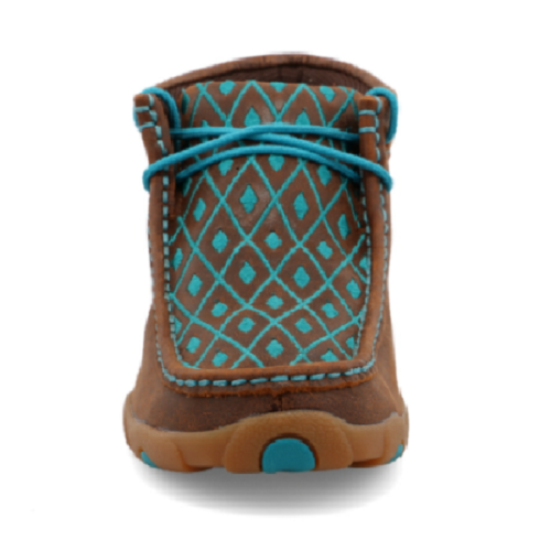 Ladies Twisted X Turquoise Chukka WDM0072 moccasins in a pair of brown and turquoise.