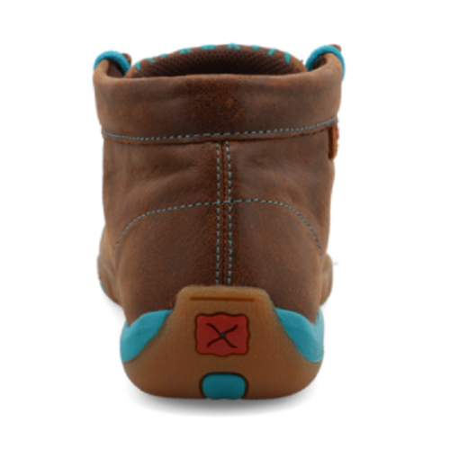 The back view of a brown and Ladies Twisted X Turquoise Chukka WDM0072 shoe.