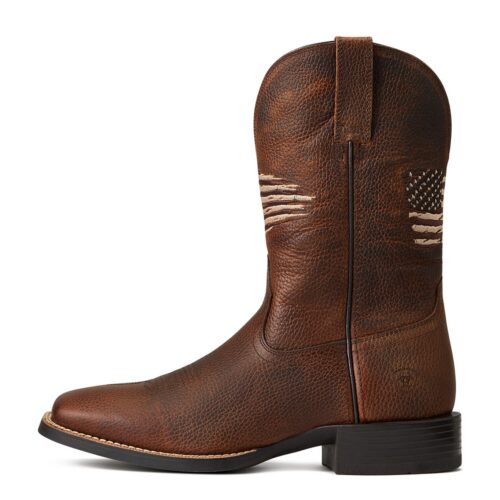 The Ariat Men's All Country Western Boot 10040275 features a brown leather design adorned with an american flag on the side.