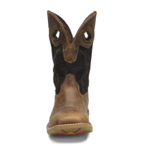 The Men's Double H Western Zenon Boot DH5376 is a pair of brown cowboy boots with black soles.