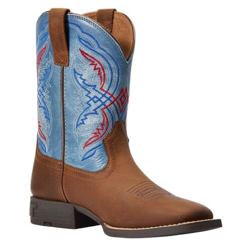 Aria's boys' Ariat Youth Boot Double Kicker 10040247 with blue and red accents.