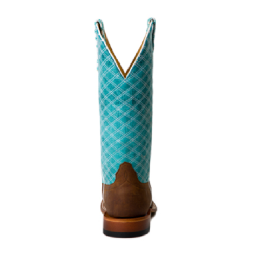 The back of a Macie Bean Tex Marks the Spot ladies turquoise cowboy boot.