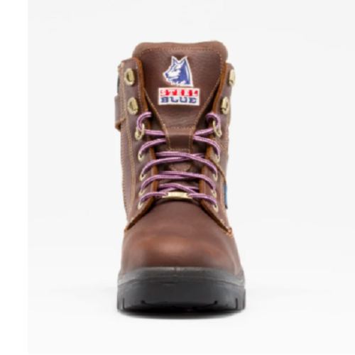 A Ladies Metatarsal Steel Blue Work Boot with purple laces.