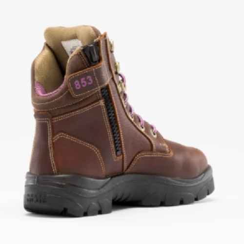 A Ladies Metatarsal Steel Blue Work Boot with pink accents.