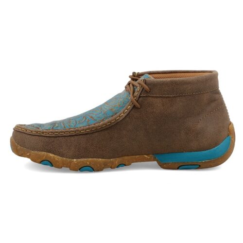 A women's turquoise moccasin shoe in a brown coloration, the Twisted X Women's Turquoise Bomber WDM0148.