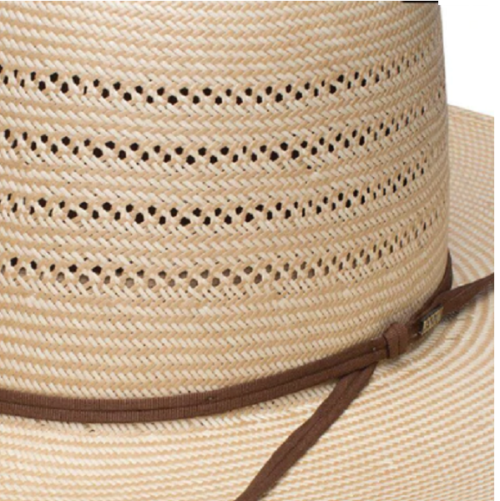 A straw hat with a brown band called Resistol 20X Straw Tuff Anuff 4 Corners.