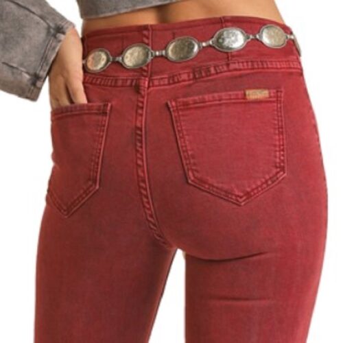 The back view of a woman rocking Rock n Roll Wine Bell Ladies Jeans with silver buckles, giving off a cooler-than-cool vibe.