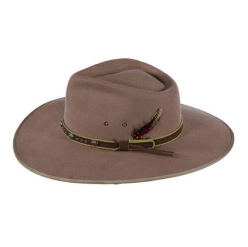 A brown Outback Dove Creek Swan Wool Fashion Hat with a feather on it, perfect for an Outback adventurer or anyone seeking a fashionable accessory.