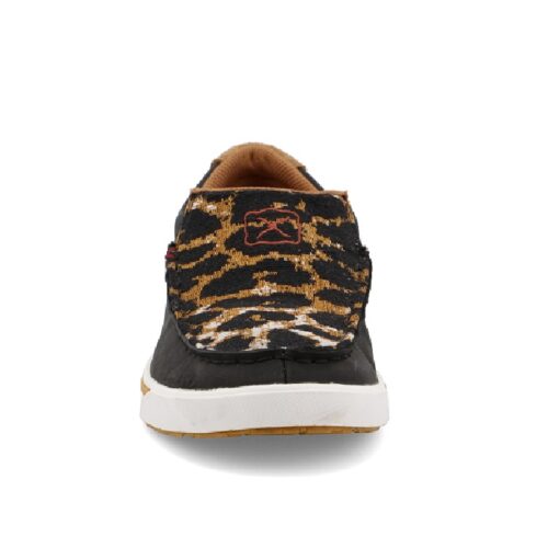 A women's Twisted X Black Cheetah Kicks WCA0052 slip on sneaker with a white sole.