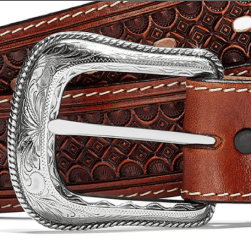 A brown leather belt with an ornate buckle.