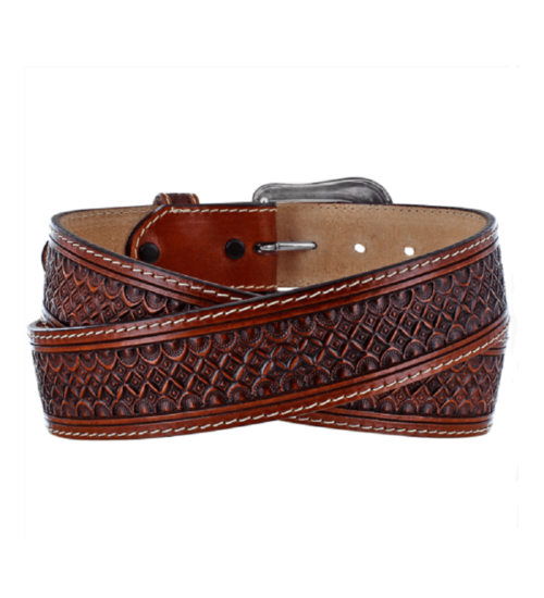 A brown leather belt with a woven pattern.