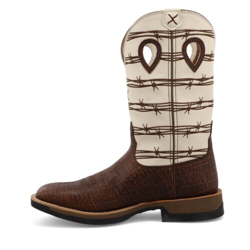 A brown and white cowboy boot with a barbed wire pattern, the Men's Twisted-X TechX Boot MXW0008 combines style with durability.