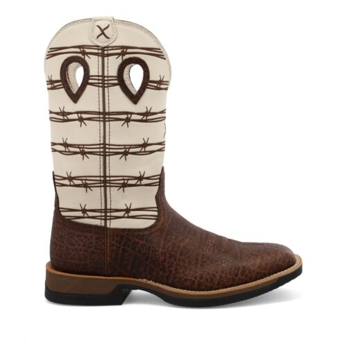 A brown and white Men's Twisted-X TechX Boot MXW0008 cowboy boot with a barbed wire pattern.